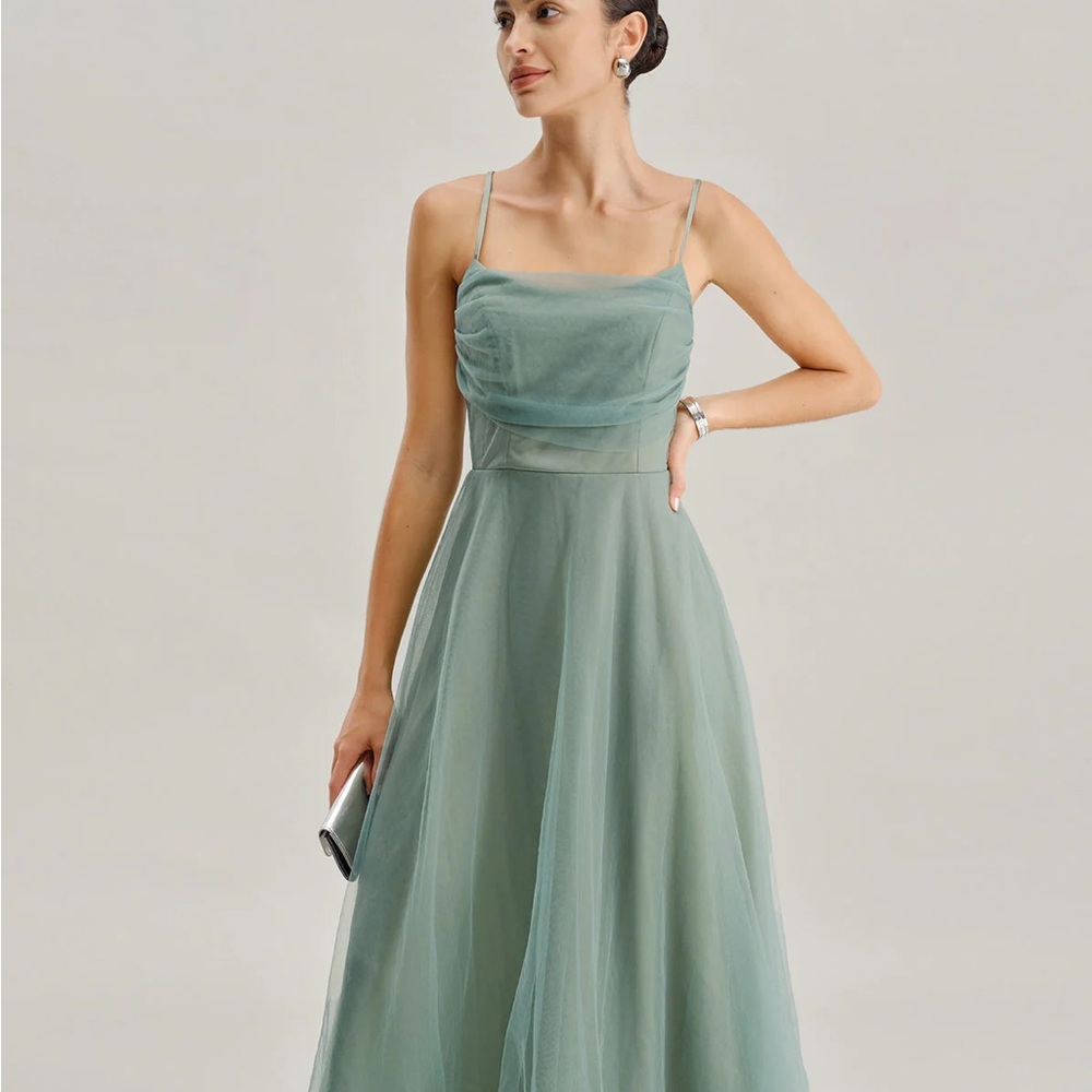 Green Mesh Flowy Slip Midi Dress